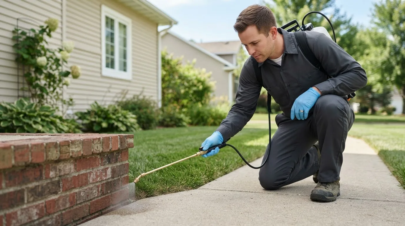 Pest control technician treating a home near Moorland, IA