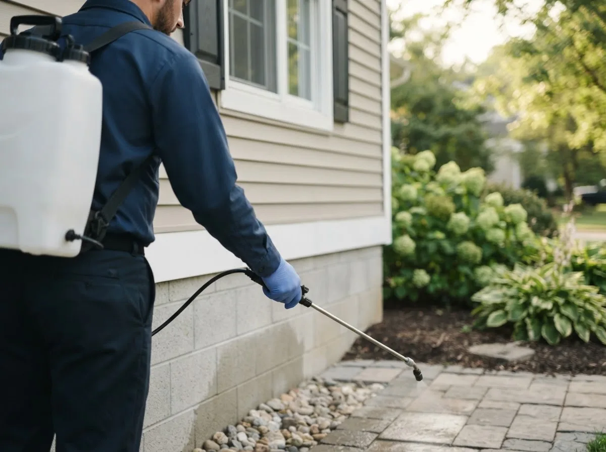 Pest control technician inspecting a home in Moorland, IA